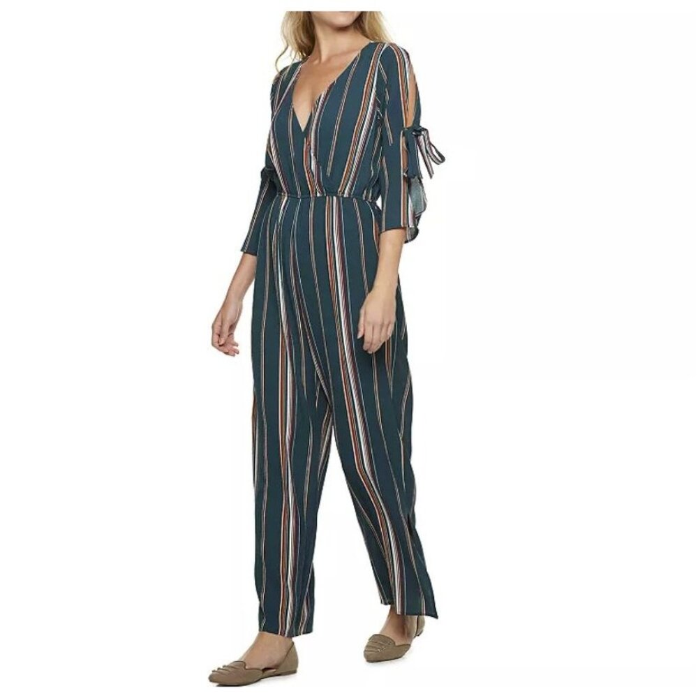 ⭐Speechless Womens Jumpsuit Sz S Striped Long Sleeve Elastic Waist Gray Multi